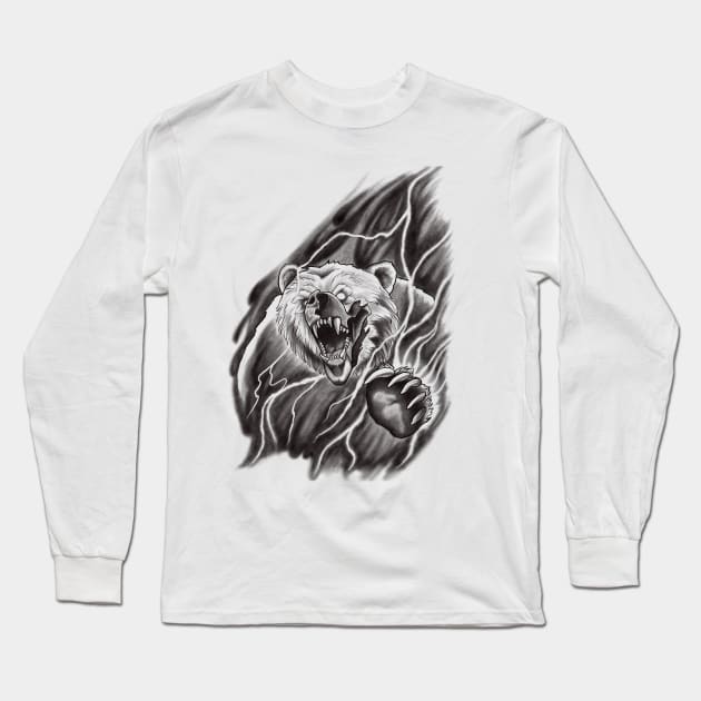 Roaring Bear breaking through the Mist in a Lightning Storm Tattoo Design Long Sleeve T-Shirt by Tred85